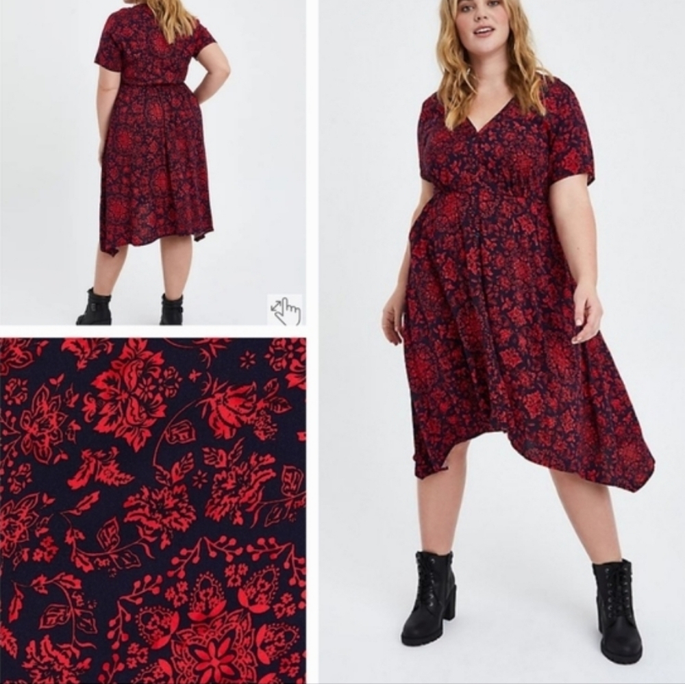 Like New Torrid Midi Challis Shirt Dress Red Deep Navy Medallion Print Size 1x